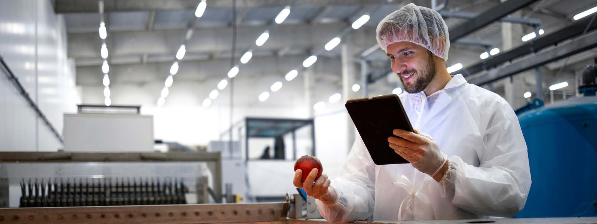 Mitarbeiter eines Lebensmittelunternehmens prüft Früchte