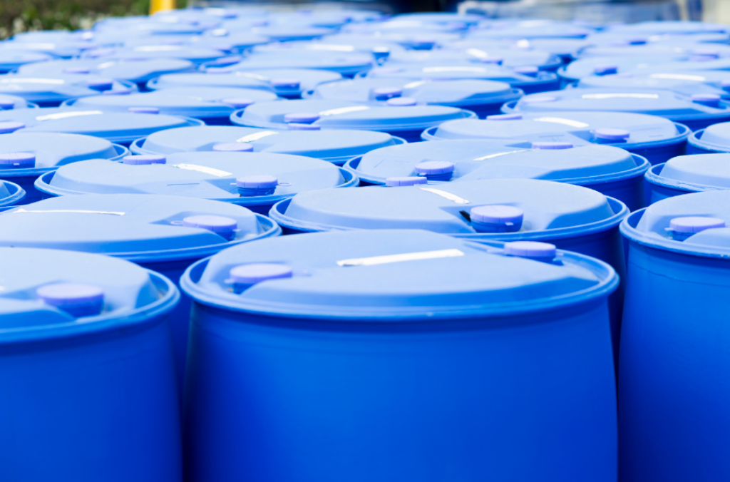 Barrels containing dye materials for textile and leather manufacturers.