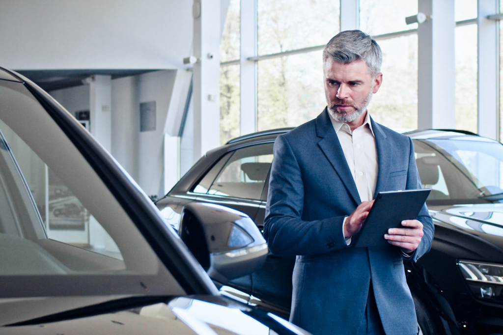 Mitarbeiter im Autohaus bei der digitalen Fahrzeugzulassung