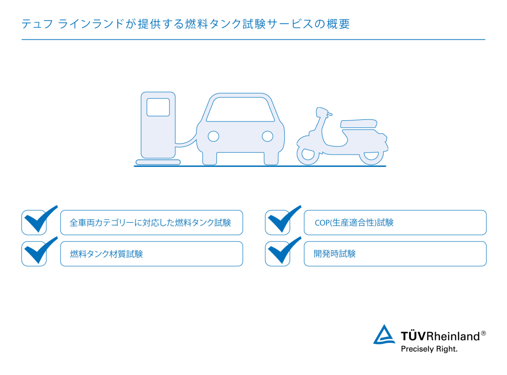 自動車やモーターサイクルの燃料タンク・材質試験においては、数多くの有名メーカー、OEMメーカー、サプライヤーがテュフ ラインランドのノウハウを活用しています。