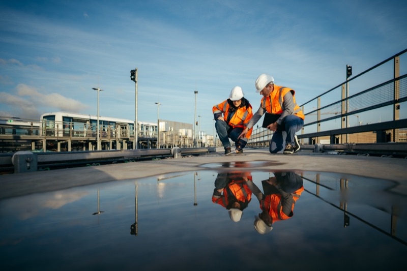 Zwei Ingenieure in Sicherheitswesten und Schutzhelmen bei einer Oberflächenprüfung