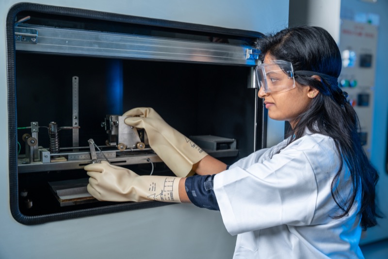 Wissenschaftlerin im Laborkittel und mit Schutzbrille bei der Bedienung von Laborgeräten