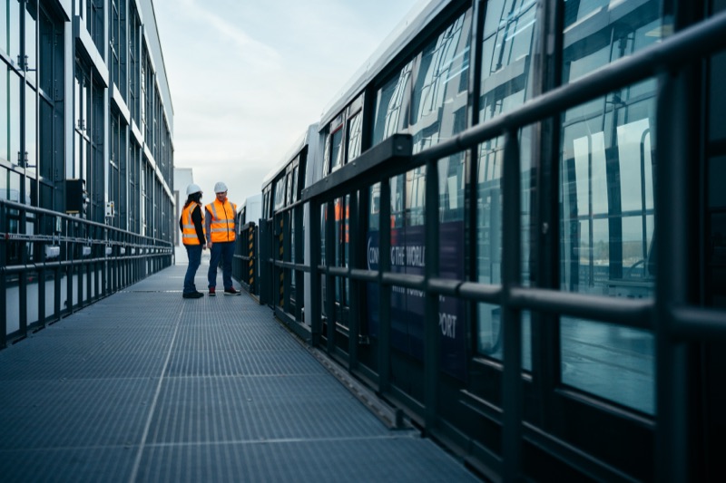 Zwei Ingenieure in Sicherheitswesten auf einem erhöhten Steg neben einem Schienenfahrzeug