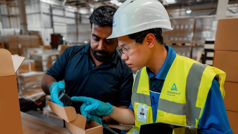 Two inspectors in a warehouse examining items in a cardboard box
