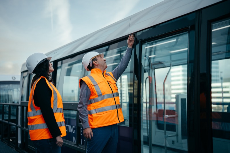 Two engineers in safety vests and hard hats inspecting a rail vehicle