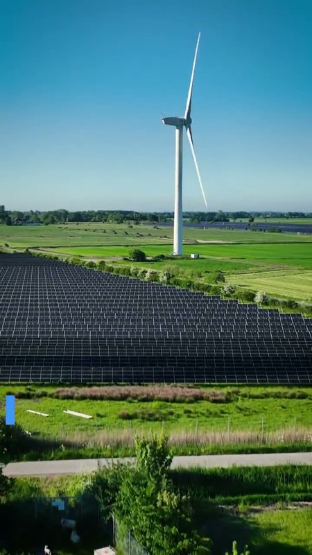 Video: Aerial view of solar panels and a wind turbine in a green landscape